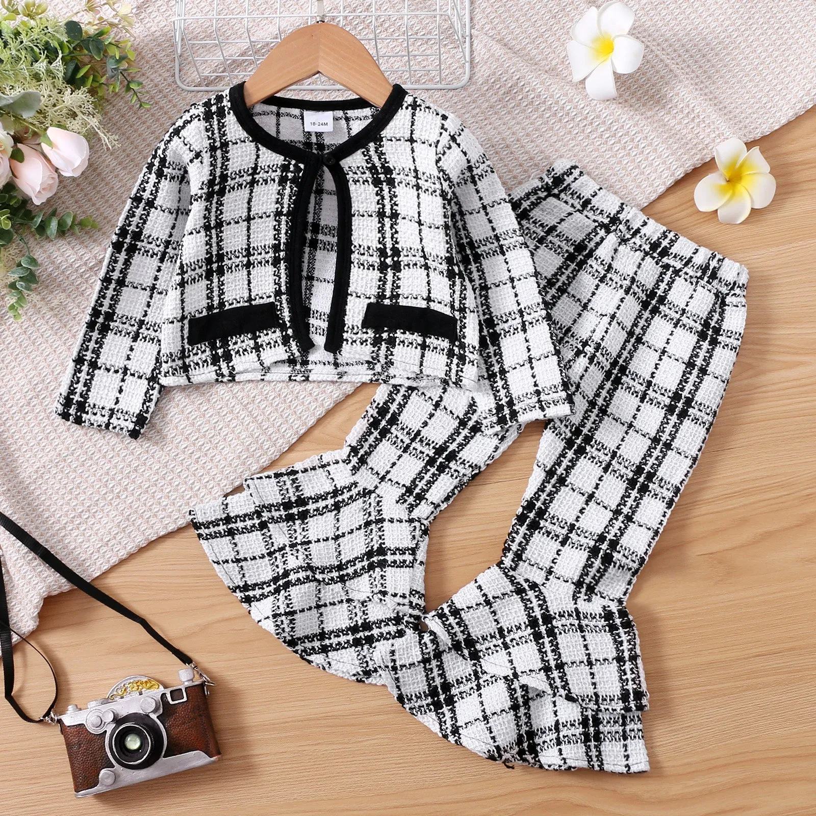 2-piece Toddler Girl Plaid Tweed Cardigan and Layered Flared Pants Set