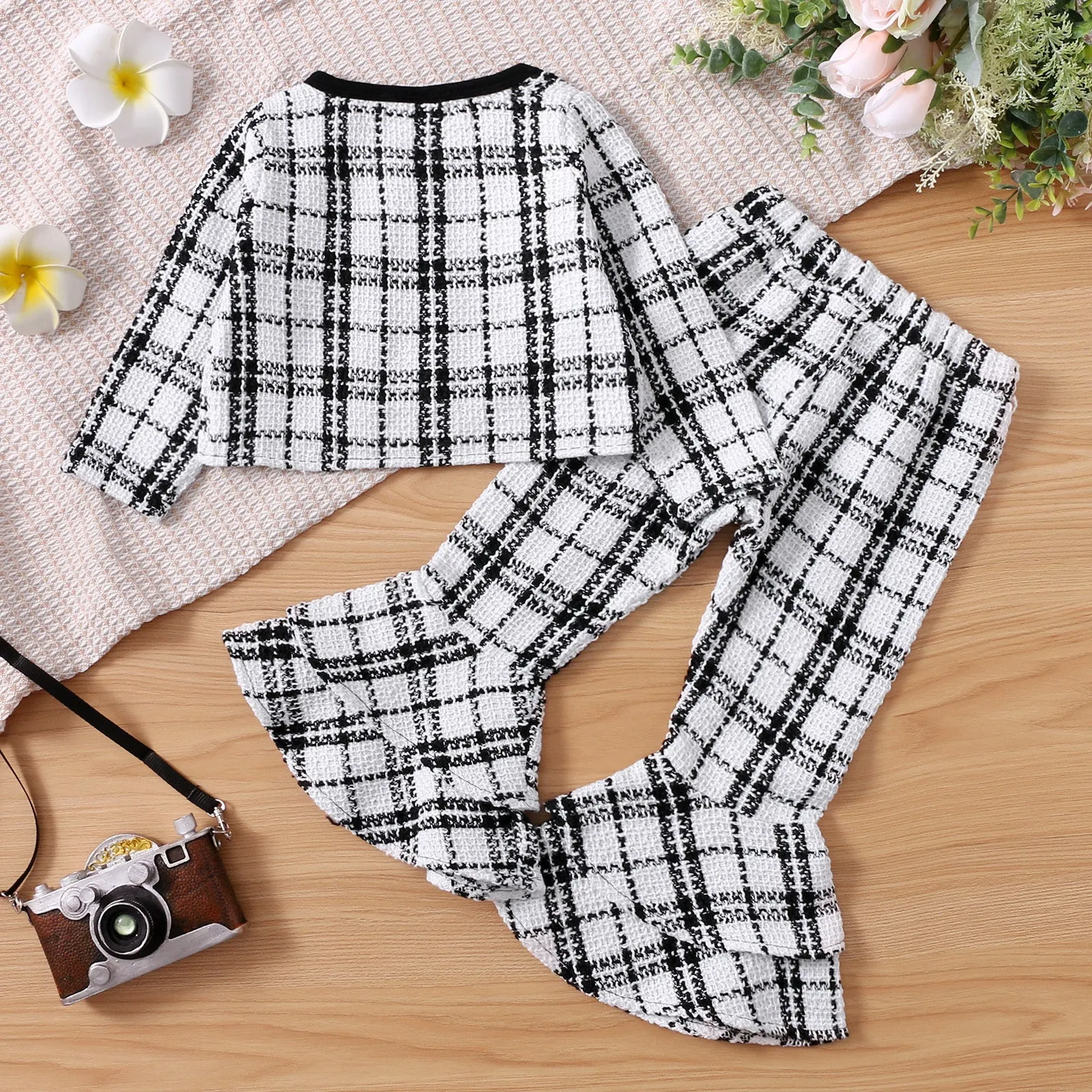 2-piece Toddler Girl Plaid Tweed Cardigan and Layered Flared Pants Set
