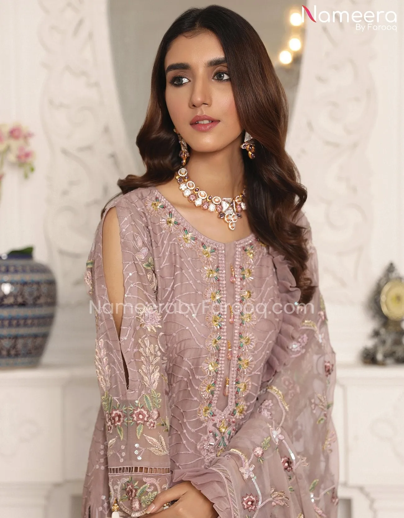 Baroque Pakistani Party Wear in Tea Pink Color #PF68