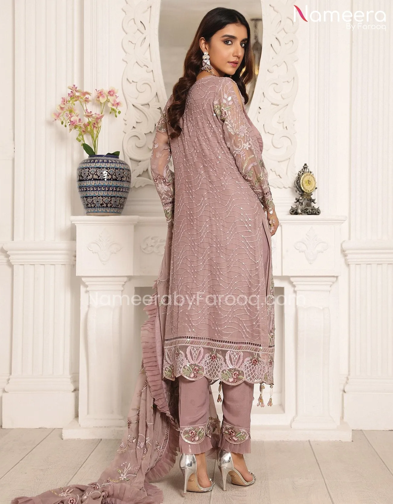 Baroque Pakistani Party Wear in Tea Pink Color #PF68