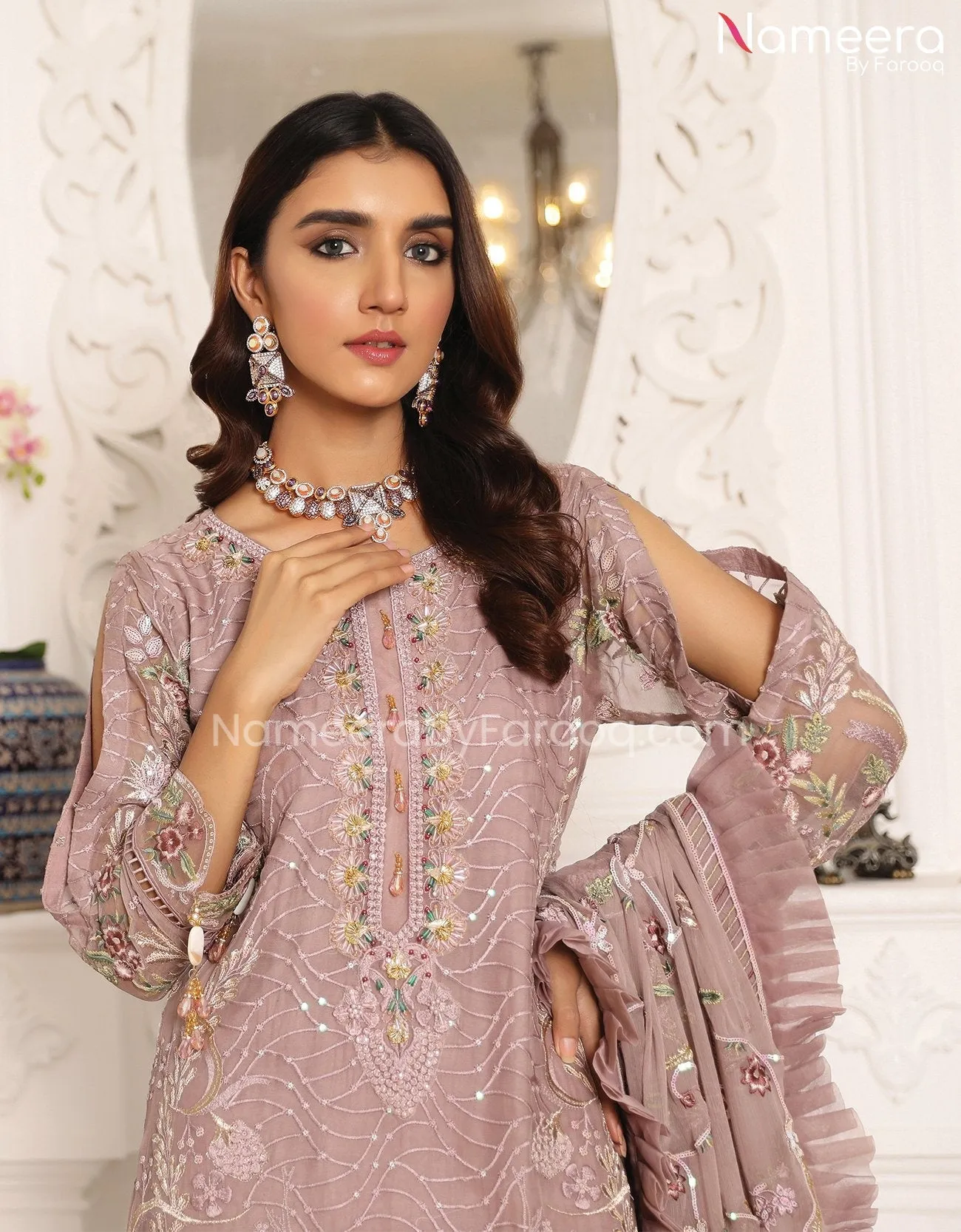 Baroque Pakistani Party Wear in Tea Pink Color #PF68