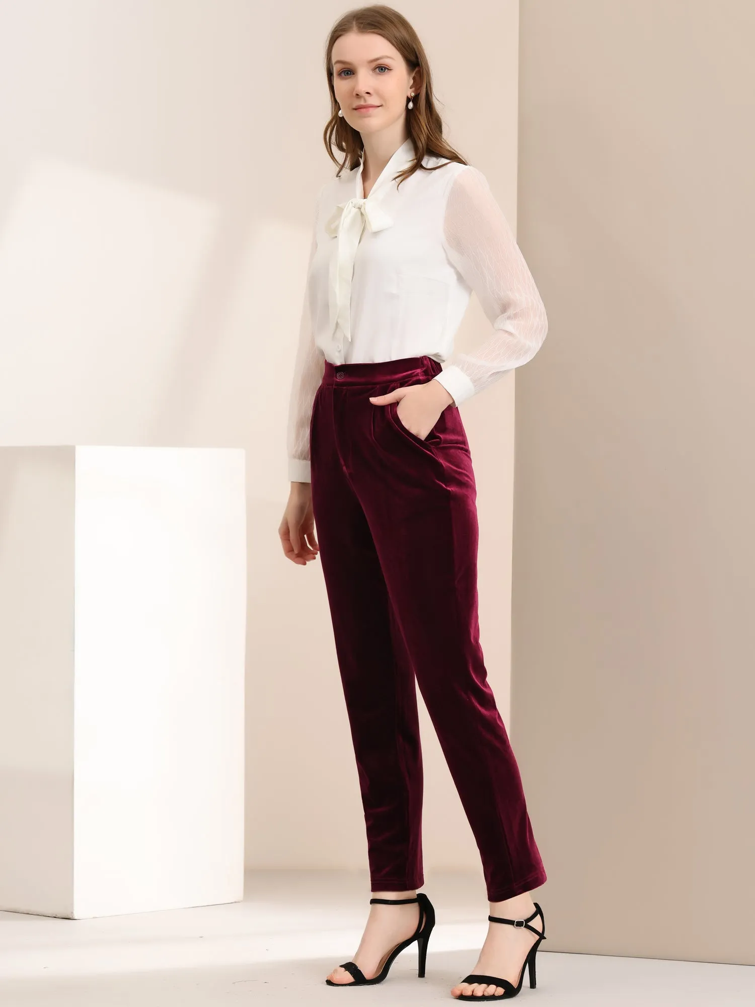 Elegant Straight Leg Velvet High Waist Ankle Pants