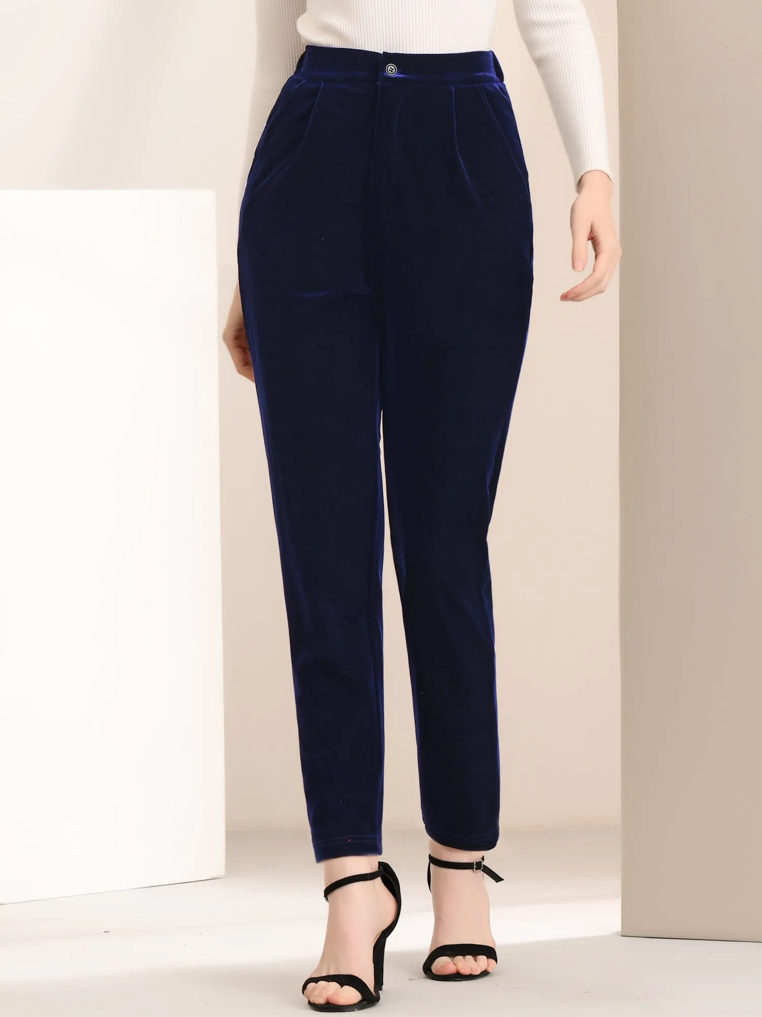 Elegant Straight Leg Velvet High Waist Ankle Pants
