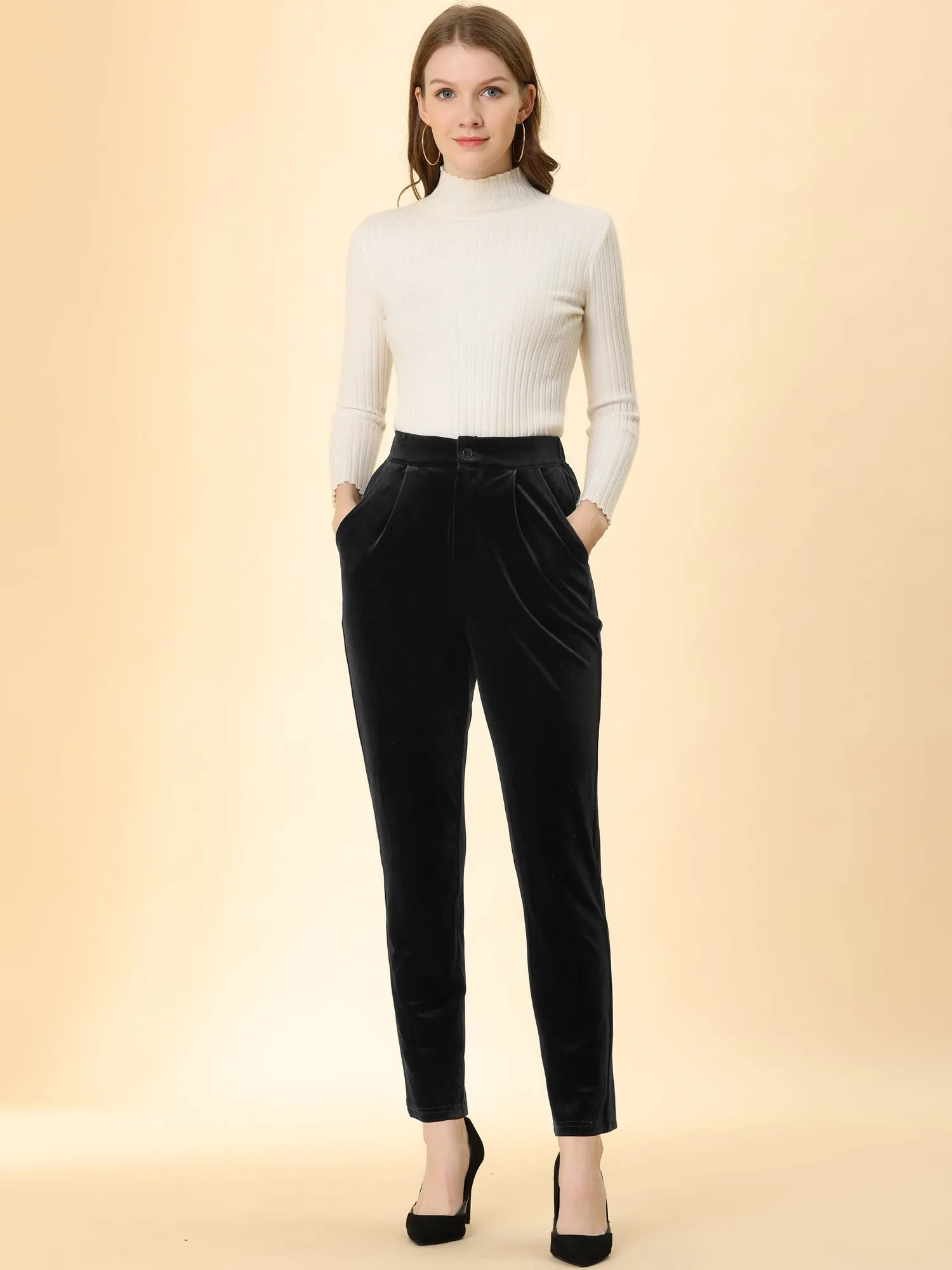 Elegant Straight Leg Velvet High Waist Ankle Pants