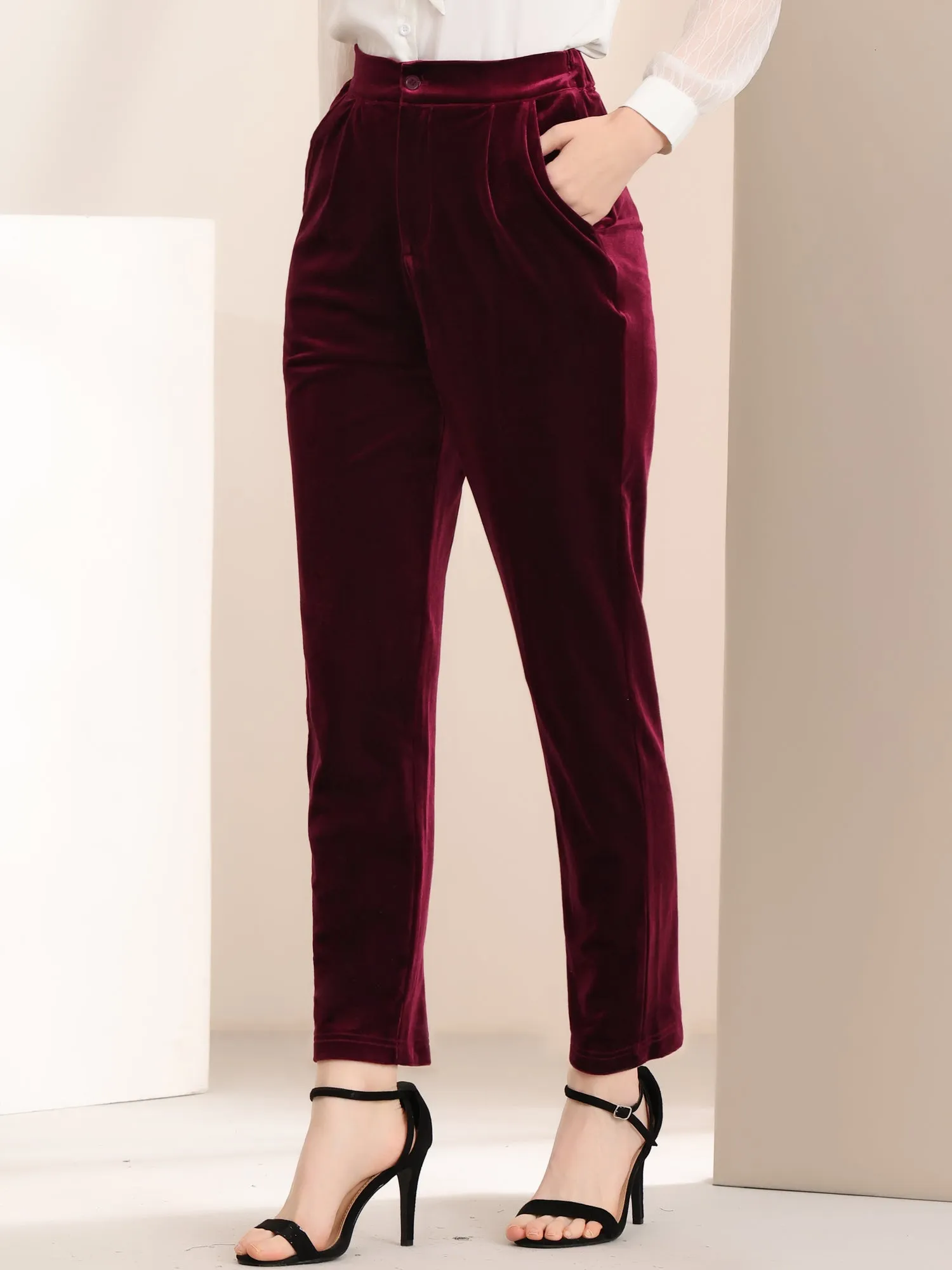 Elegant Straight Leg Velvet High Waist Ankle Pants