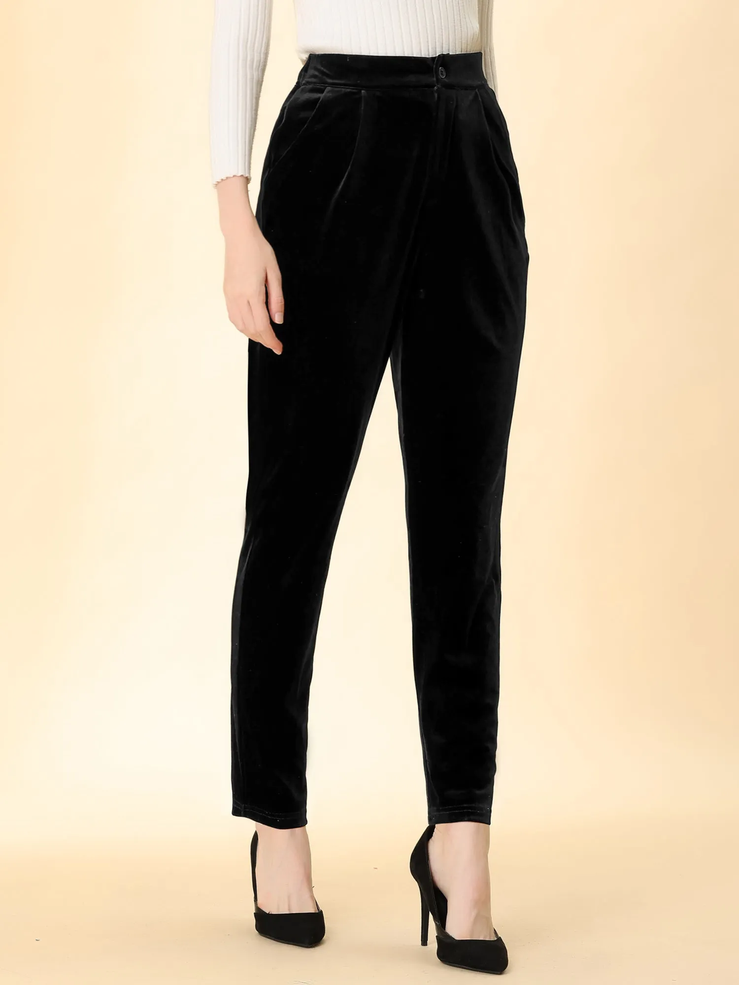 Elegant Straight Leg Velvet High Waist Ankle Pants