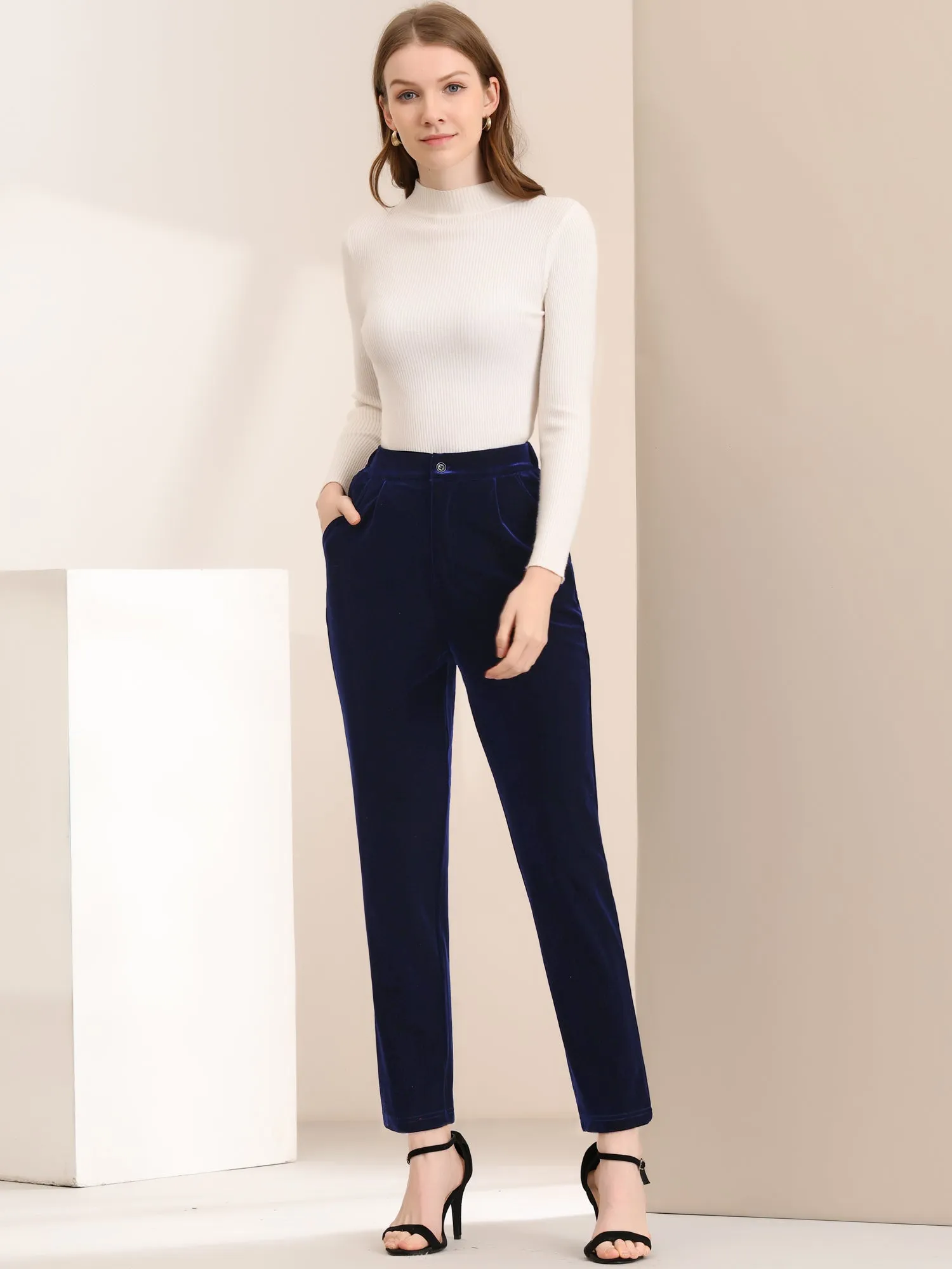 Elegant Straight Leg Velvet High Waist Ankle Pants