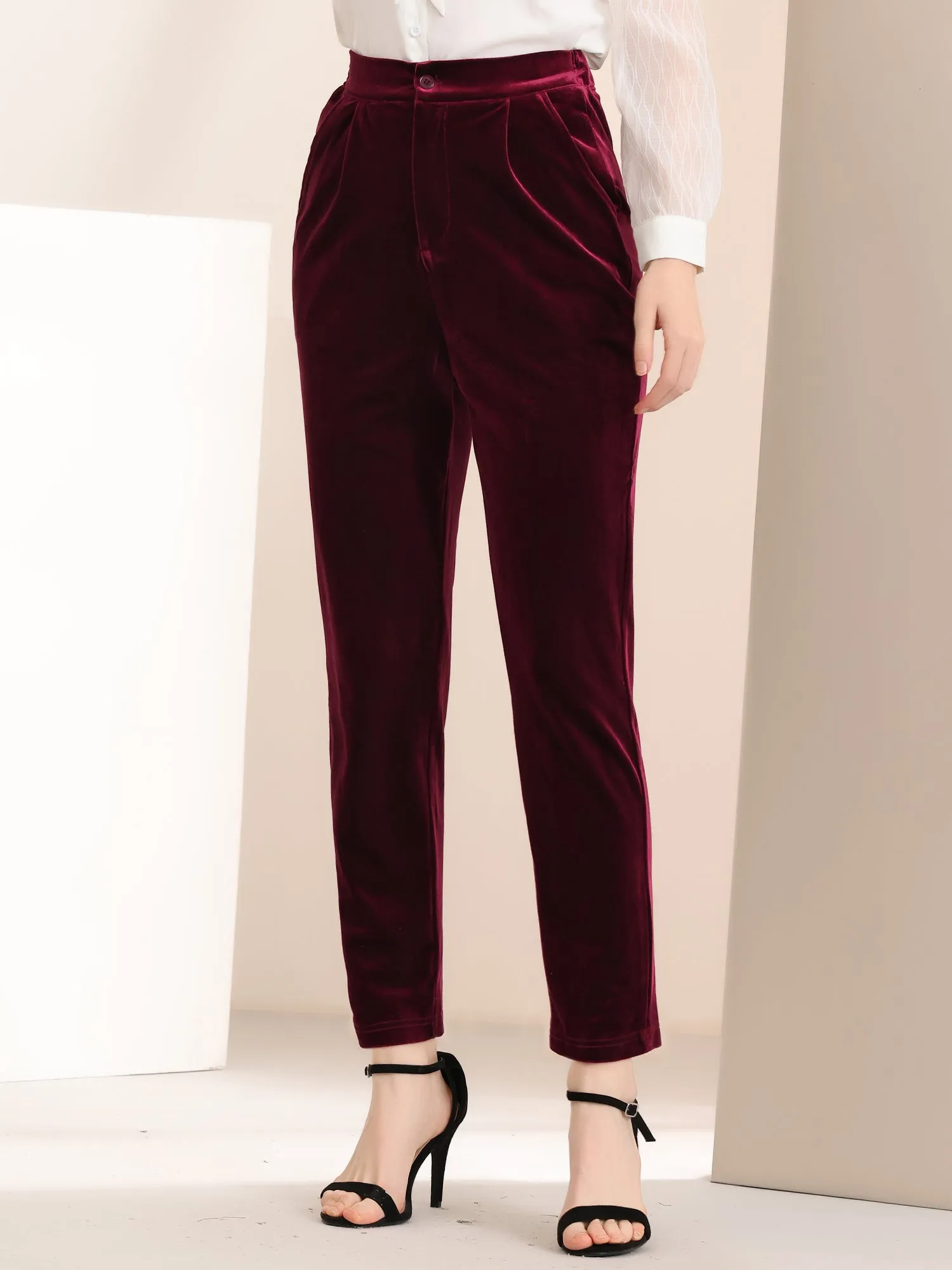 Elegant Straight Leg Velvet High Waist Ankle Pants