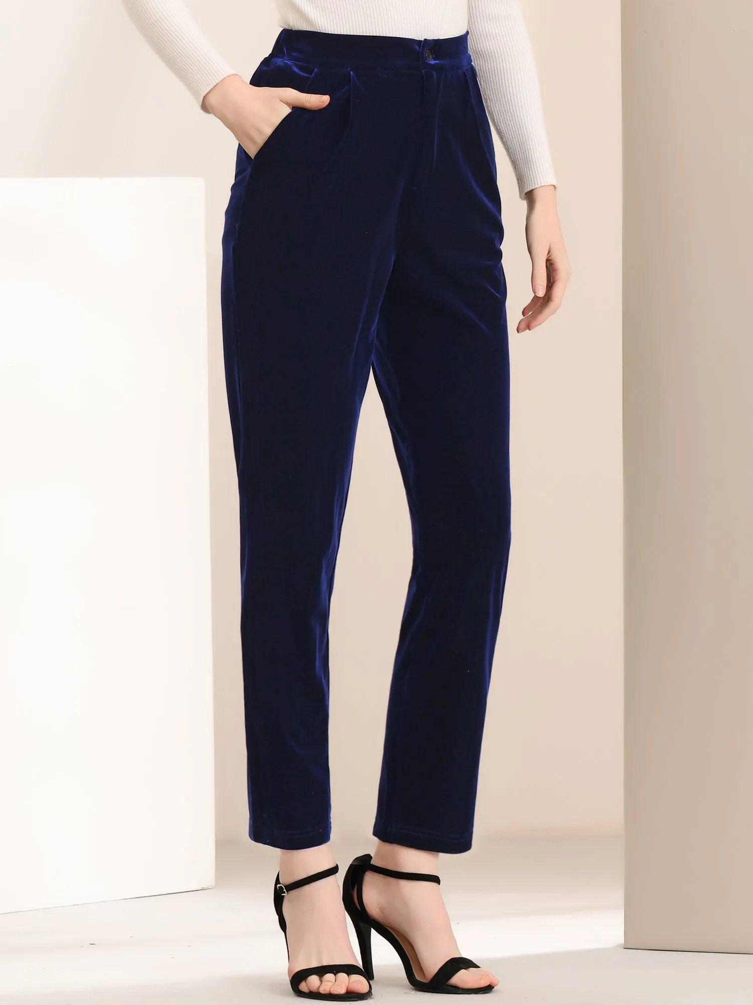 Elegant Straight Leg Velvet High Waist Ankle Pants