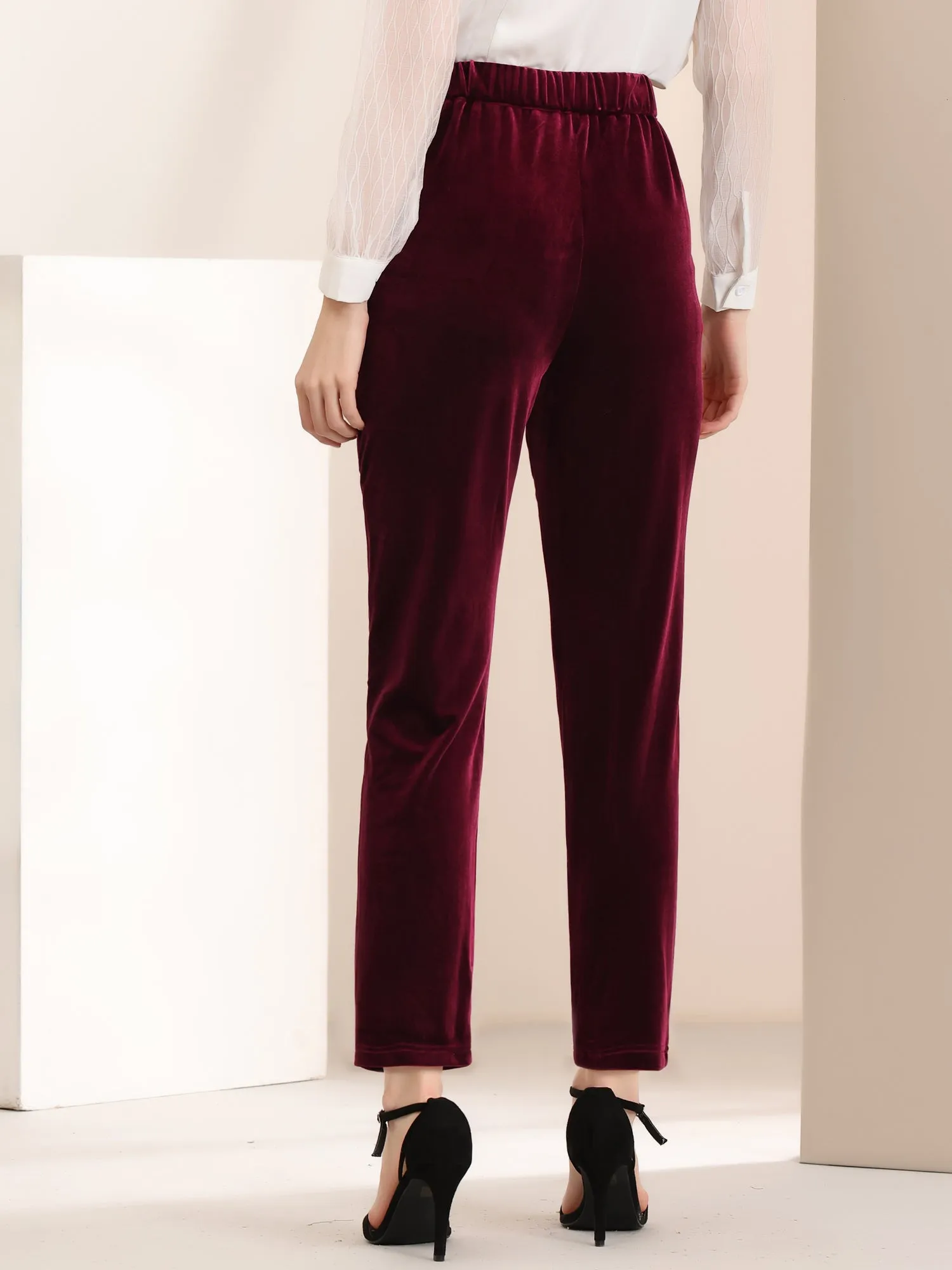 Elegant Straight Leg Velvet High Waist Ankle Pants