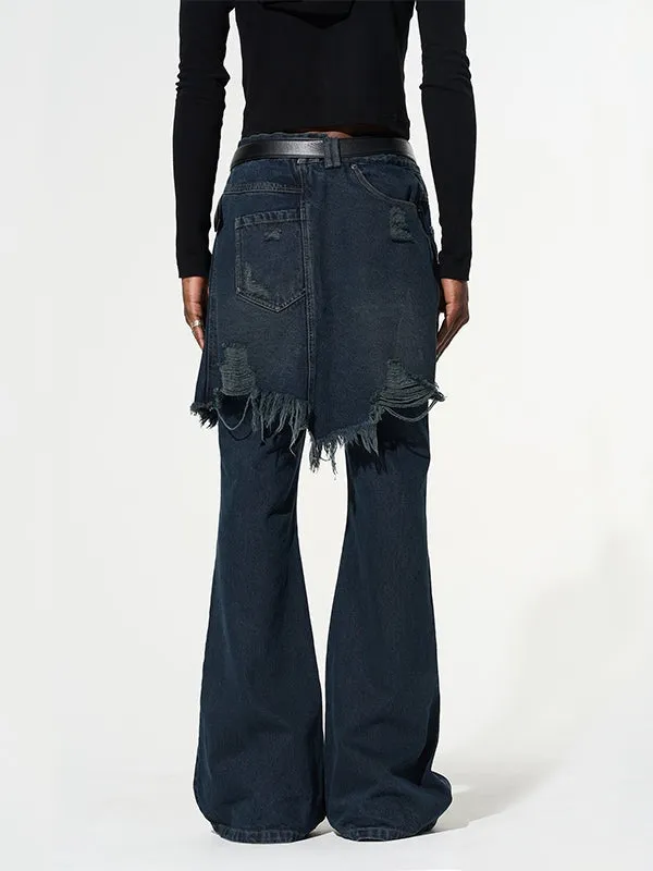 Fake Two Piece Stitched Flared Denim Pants
