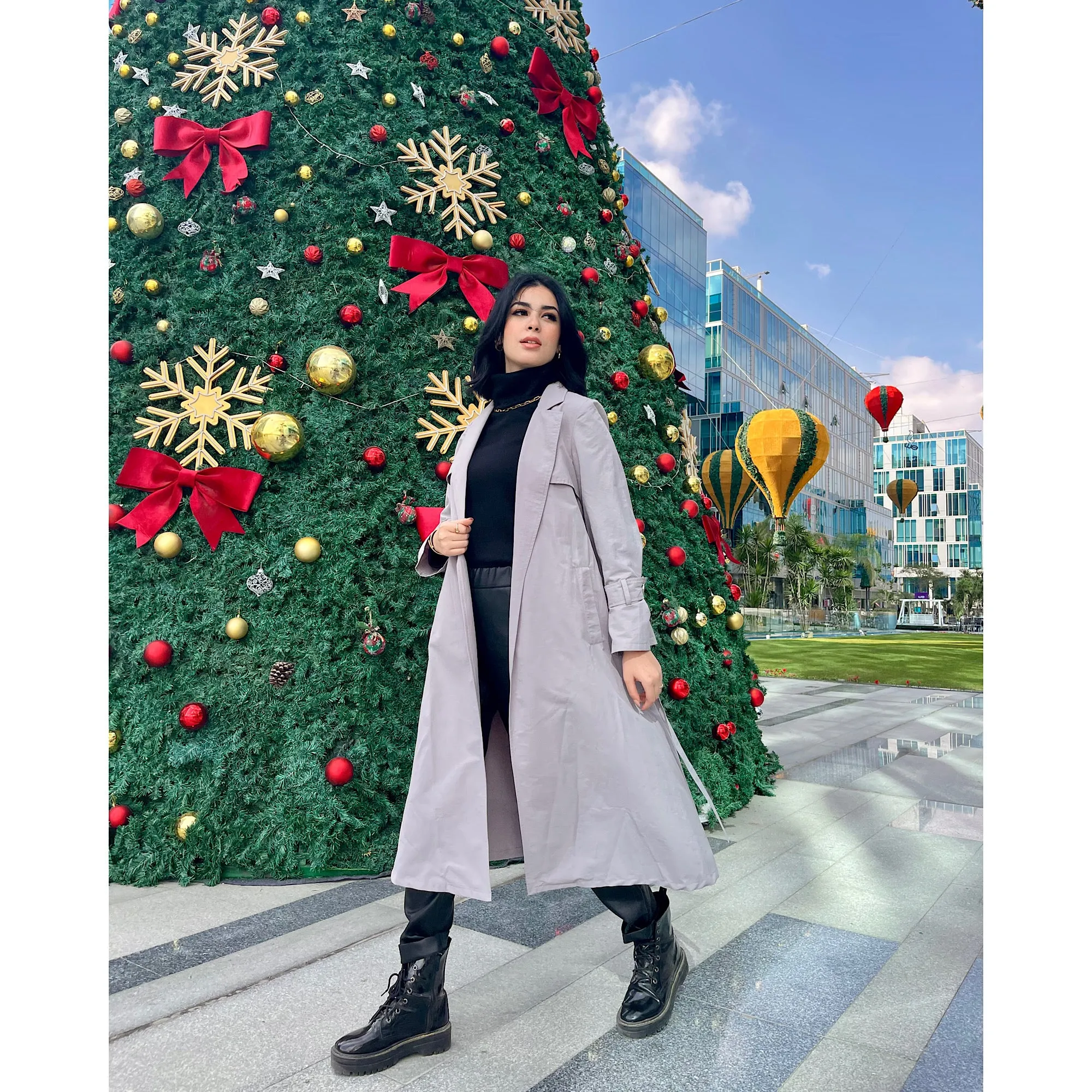 Grey gabardine long trench coat