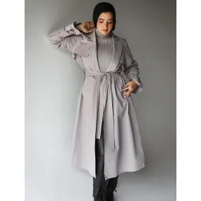 Grey gabardine long trench coat