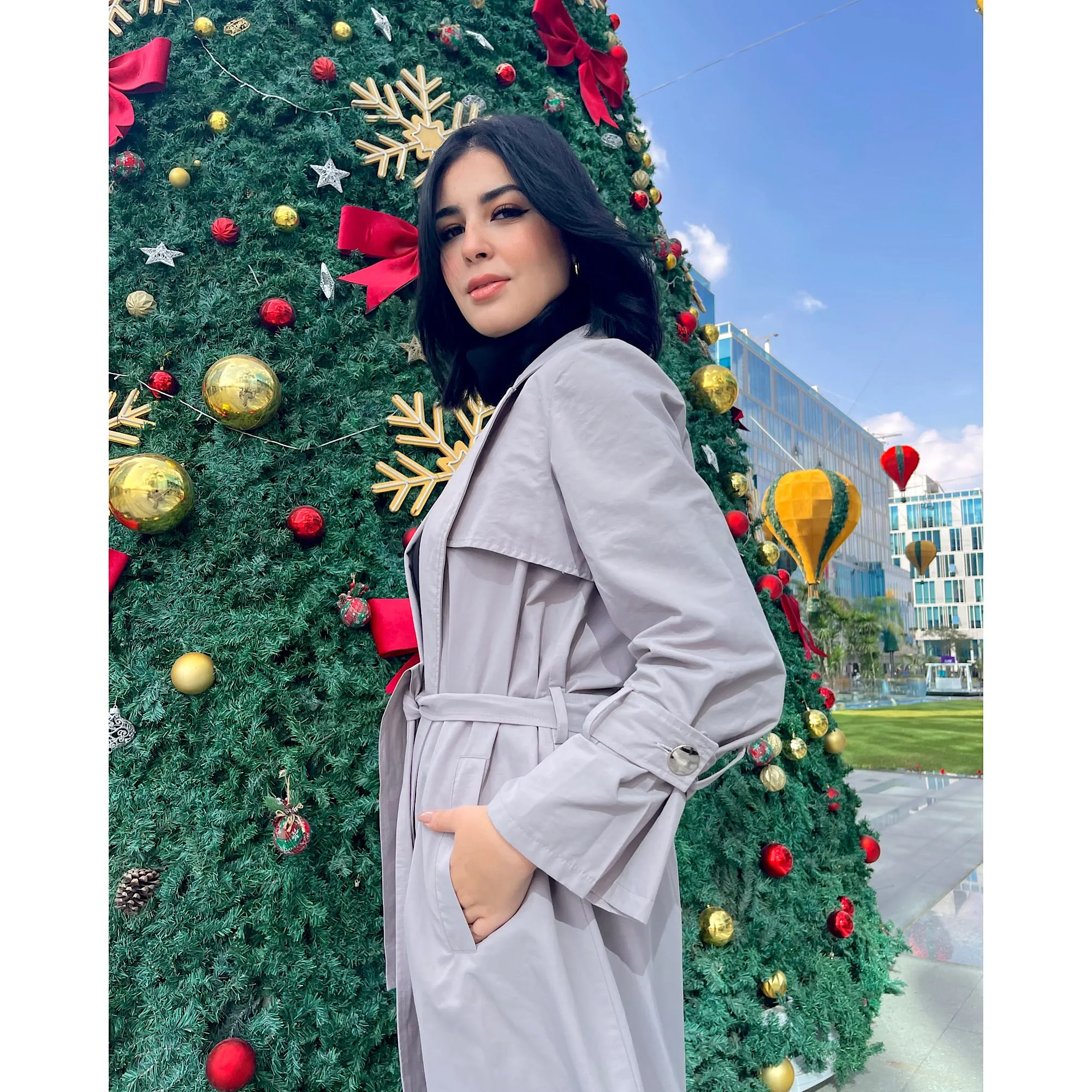 Grey gabardine long trench coat