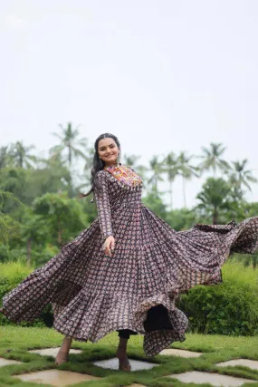 Printed Cotton with Kutchi Gamthi Lace and Kodi Work Gown