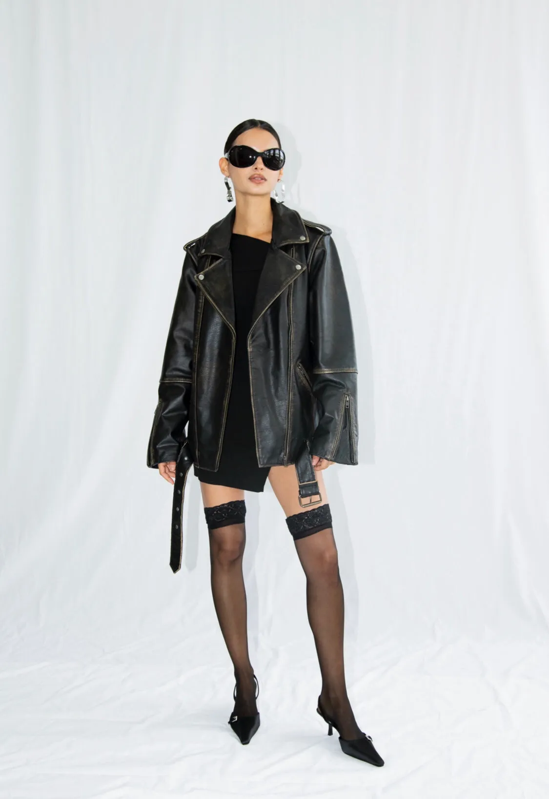 Rodeo Black Distressed Oversized Biker Leather Jacket