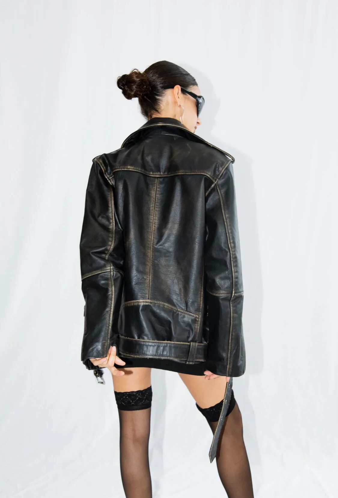 Rodeo Black Distressed Oversized Biker Leather Jacket