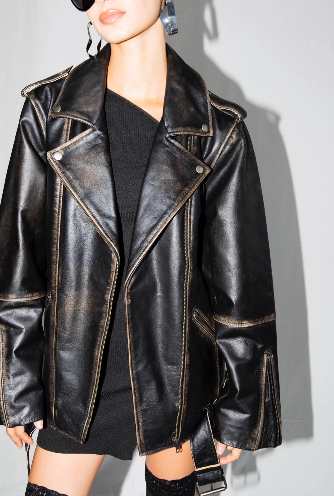 Rodeo Black Distressed Oversized Biker Leather Jacket