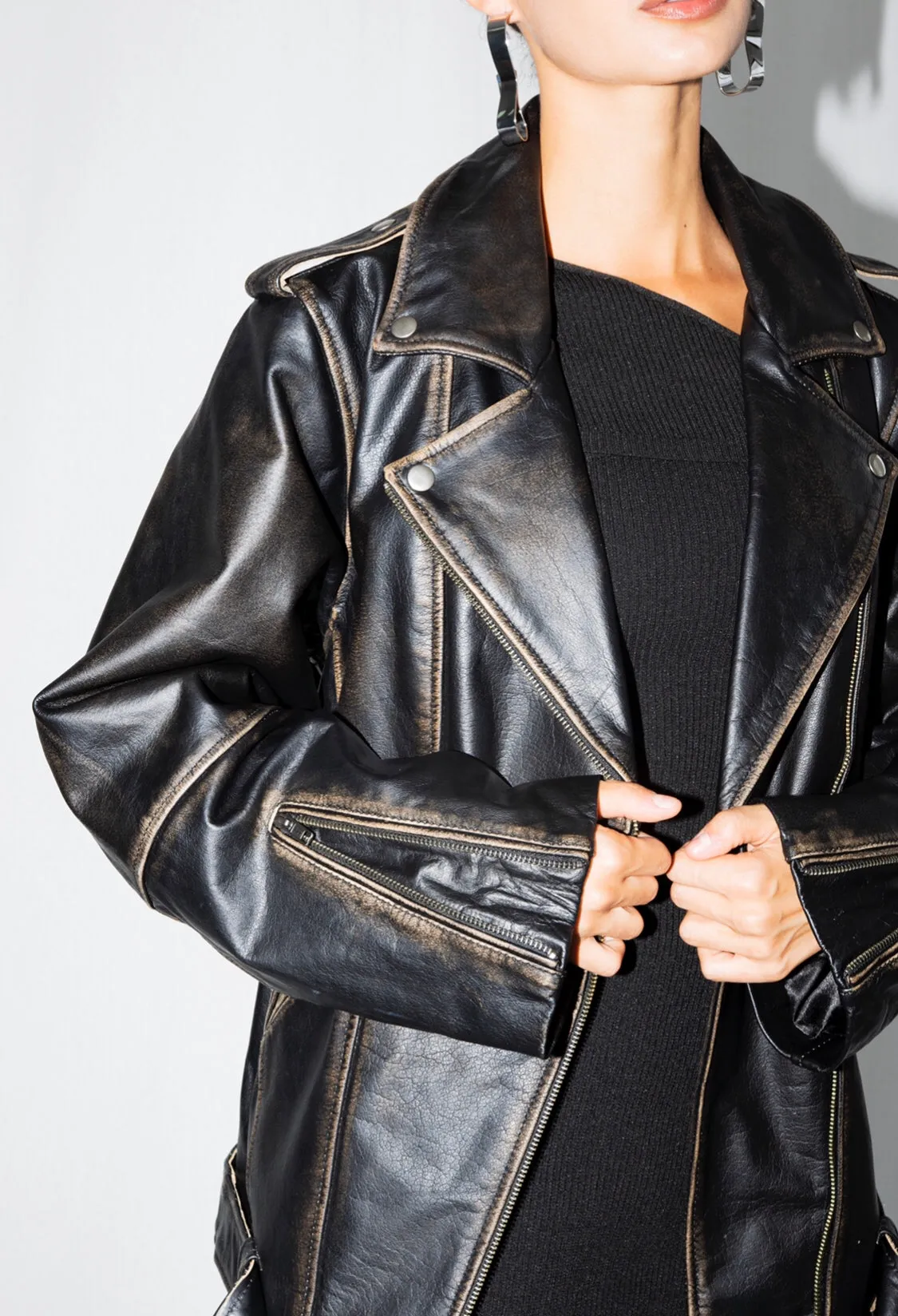 Rodeo Black Distressed Oversized Biker Leather Jacket
