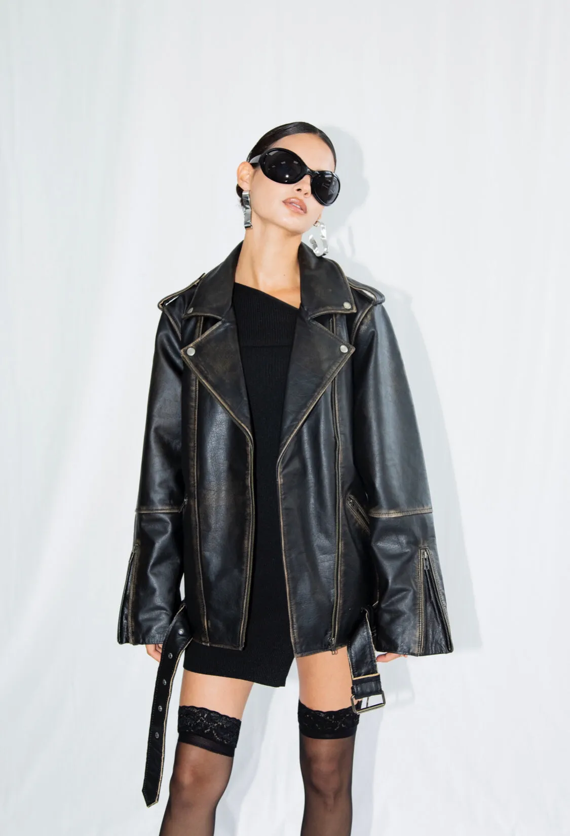 Rodeo Black Distressed Oversized Biker Leather Jacket