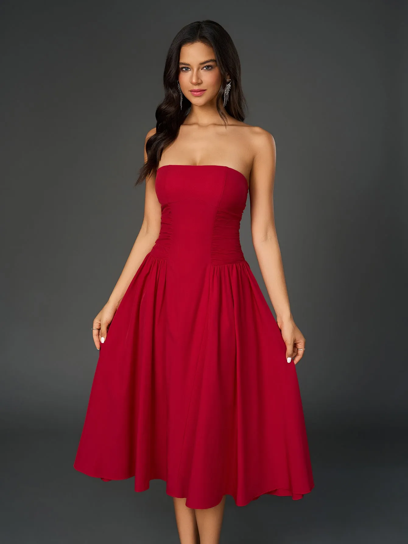 Ruched Waist Backless Prom Tube Dress